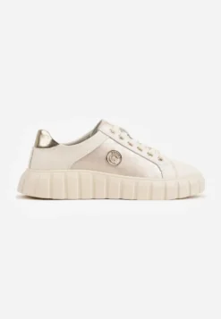 Beżowo-Złote Sneakersy Skórzane z Chunky Podeszwą i Metalicznymi Wstawkami Volla