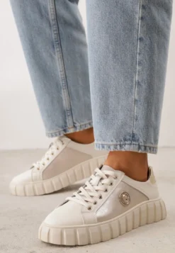 Beżowo-Złote Sneakersy Skórzane z Chunky Podeszwą i Metalicznymi Wstawkami Volla