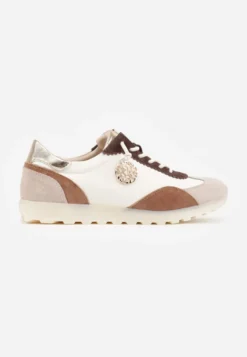 Beżowo-Złote Sneakersy ze Skóry Naturalnej Ozdobione Metaliczną Aplikacją Tidina
