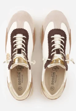 Beżowo-Złote Sneakersy ze Skóry Naturalnej Ozdobione Metaliczną Aplikacją Tidina