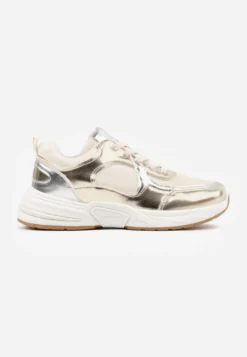 Beżowo-Złote Sznurowane Sneakersy Ozdobione Metaliczną Wstawką Kizria