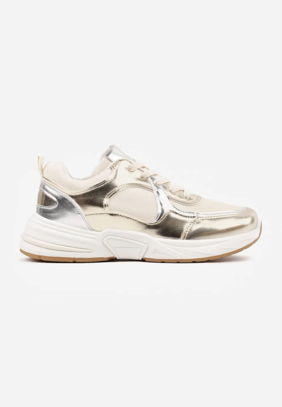 Beżowo-Złote Sznurowane Sneakersy Ozdobione Metaliczną Wstawką Kizria
