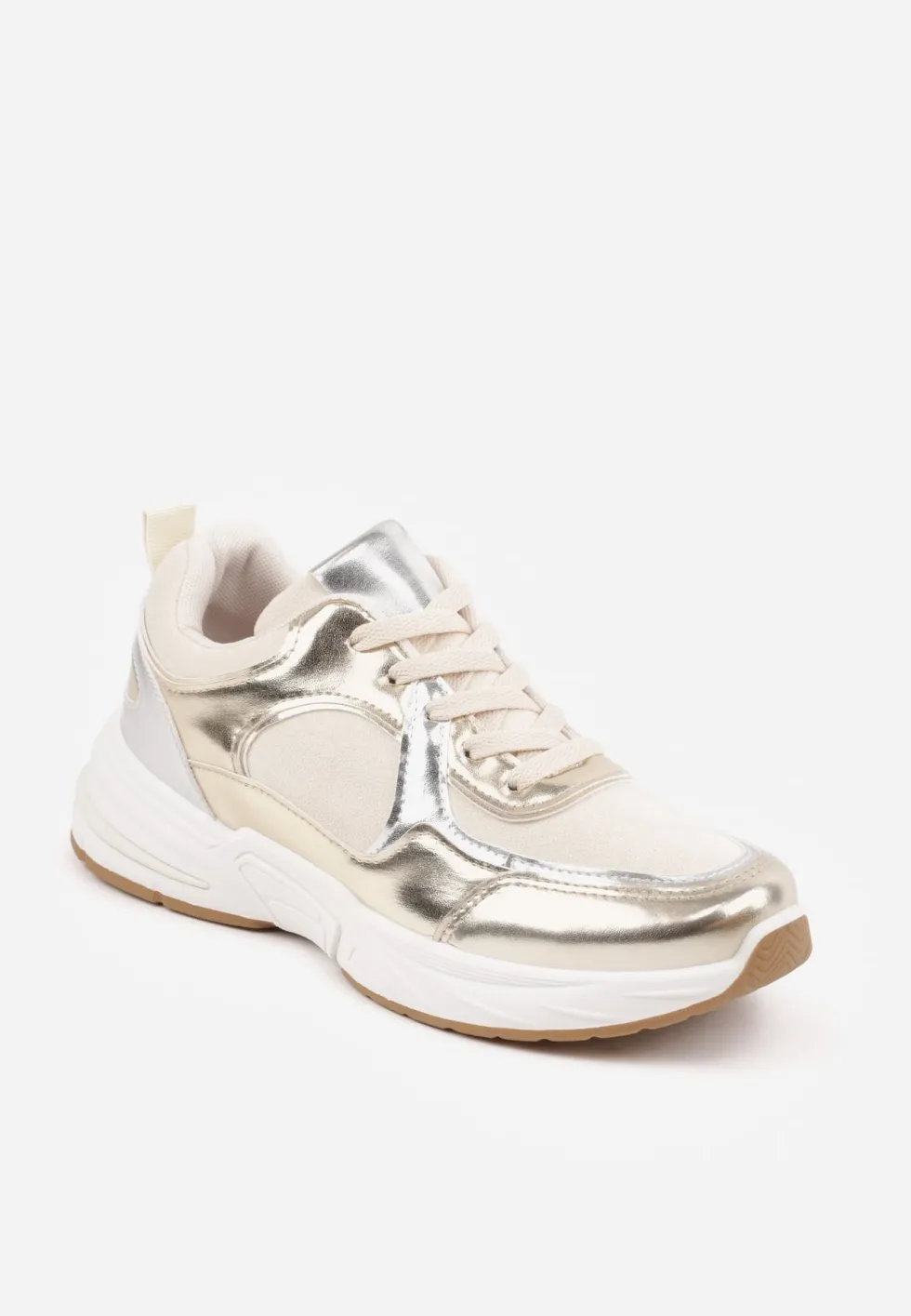 Beżowo-Złote Sznurowane Sneakersy Ozdobione Metaliczną Wstawką Kizria