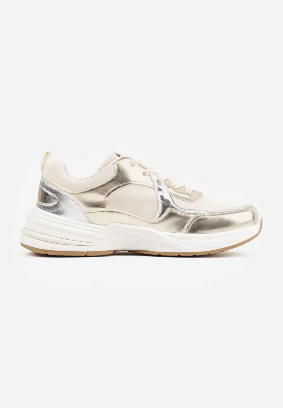 Beżowo-Złote Sznurowane Sneakersy Ozdobione Metaliczną Wstawką Kizria