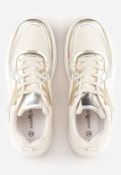 Beżowo-Złote Sznurowane Sneakersy Ozdobione Metaliczną Wstawką Kizria