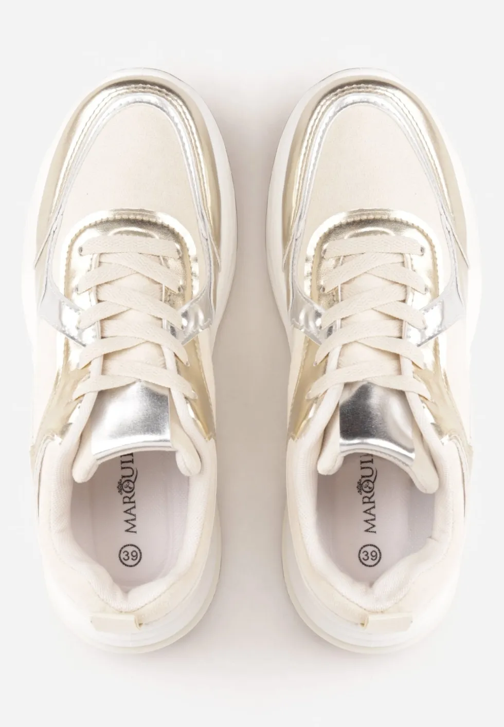 Beżowo-Złote Sznurowane Sneakersy Ozdobione Metaliczną Wstawką Kizria