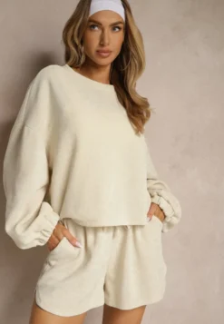 Beżowy Basicowy Komplet Szorty i Bluza Novirissa