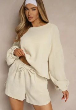 Beżowy Basicowy Komplet Szorty i Bluza Novirissa
