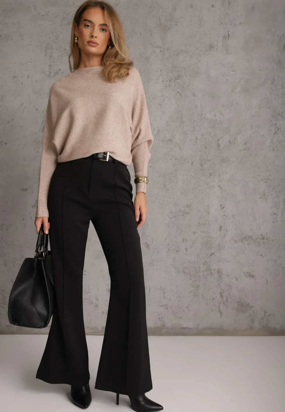 Beżowy Basic Sweter Nietoperz z Wiskozą Rosanel