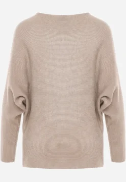 Beżowy Basic Sweter Nietoperz z Wiskozą Rosanel