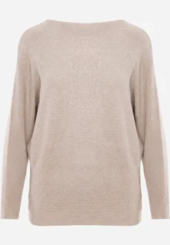 Beżowy Basic Sweter Nietoperz z Wiskozą Rosanel