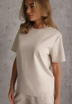 Beżowy Bawełniano-Wiskozowy Komplet Sportowy T-shirt i Szorty Areinna