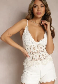 Beżowy Bawełniany Top z Ażurowej Koronki w Stylu Boho Yaniva