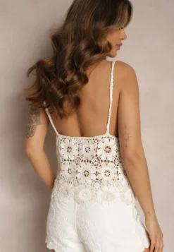 Beżowy Bawełniany Top z Ażurowej Koronki w Stylu Boho Yaniva