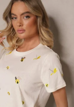 Beżowy Bawełniany T-shirt z Ozdobnym Haftem Falvivi