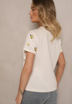 Beżowy Bawełniany T-shirt z Ozdobnym Haftem Falvivi