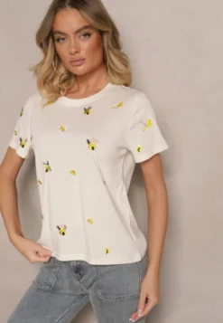 Beżowy Bawełniany T-shirt z Ozdobnym Haftem Falvivi