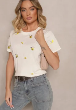 Beżowy Bawełniany T-shirt z Ozdobnym Haftem Falvivi