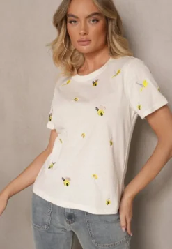 Beżowy Bawełniany T-shirt z Ozdobnym Haftem Falvivi