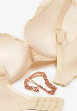 Beżowy Biustonosz Push Up Ozdobiony Łańcuszkiem z Kryształkiem Brinanna