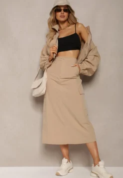 Beżowy Casualowy Komplet 2-Częściowy Rozpinana Bluza i Spódnica z Kieszeniami na Klapy Lennira