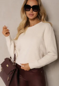 Beżowy Casualowy Sweter z Dodatkiem Kaszmiru Salielis