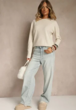 Beżowy Casualowy Sweter z Wełną i Wiskozą Lussare