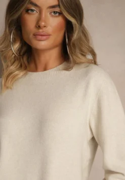 Beżowy Casualowy Sweter z Wełną i Wiskozą Lussare