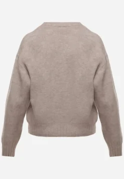 Beżowy Casualowy Sweter z Wełną i Bawełną z Haftowanymi Serduszkami z Przodu Veroni