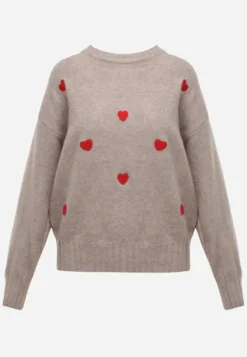 Beżowy Casualowy Sweter z Wełną i Bawełną z Haftowanymi Serduszkami z Przodu Veroni