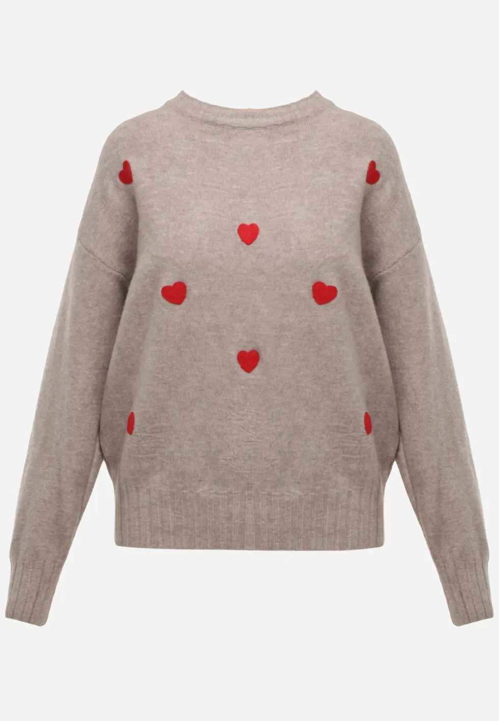 Beżowy Casualowy Sweter z Wełną i Bawełną z Haftowanymi Serduszkami z Przodu Veroni