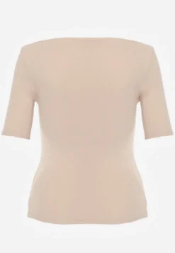 Beżowy Dopasowany T-shirt z Wiskozy z Dekoltem w Łódkę Vivianna