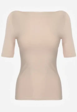 Beżowy Dopasowany T-shirt z Wiskozy z Dekoltem w Łódkę Vivianna