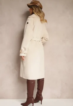 Beżowy Dwurzędowy Płaszcz Trencz o Eleganckim Kroju z Paskiem Edioneta