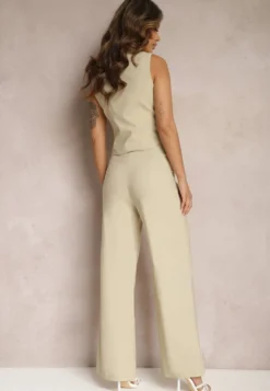 Beżowy Garniturowy Komplet Kamizelka i Proste Spodnie High Waist Nithriella
