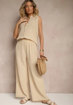 Beżowy Komplet Koszula na Guziki bez Rękawów i Szerokie Spodnie Telaritia