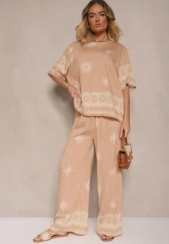 Beżowy Komplet Oversize z Bluzką i Luźnymi Spodniami w Stylu Boho Ronivara