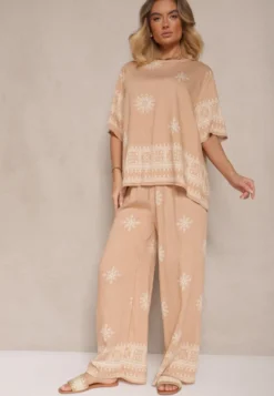 Beżowy Komplet Oversize z Bluzką i Luźnymi Spodniami w Stylu Boho Ronivara