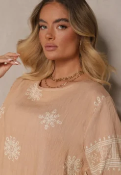 Beżowy Komplet Oversize z Bluzką i Luźnymi Spodniami w Stylu Boho Ronivara