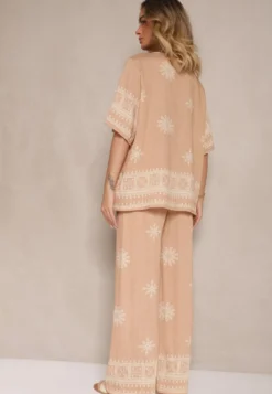 Beżowy Komplet Oversize z Bluzką i Luźnymi Spodniami w Stylu Boho Ronivara