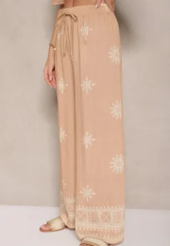 Beżowy Komplet Oversize z Bluzką i Luźnymi Spodniami w Stylu Boho Ronivara