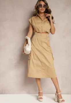 Beżowy Komplet w Stylu Utility Koszula Cropped Bez Rękawów i Spódnica z Kieszeniami Notcha
