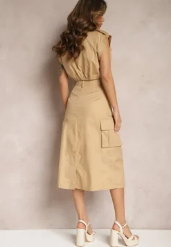 Beżowy Komplet w Stylu Utility Koszula Cropped Bez Rękawów i Spódnica z Kieszeniami Notcha