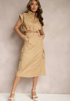 Beżowy Komplet w Stylu Utility Koszula Cropped Bez Rękawów i Spódnica z Kieszeniami Notcha