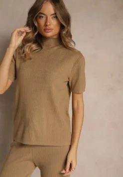 Beżowy Komplet z Dzianiny z Bawełną Spodnie Kardigan i T-shirt z Golfem Ralonia
