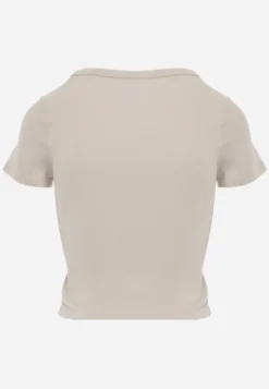Beżowy Krótki T-shirt Basic z Okrągłym Dekoltem Gresalor