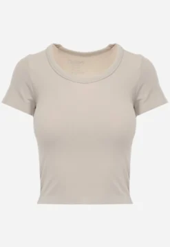 Beżowy Krótki T-shirt Basic z Okrągłym Dekoltem Gresalor