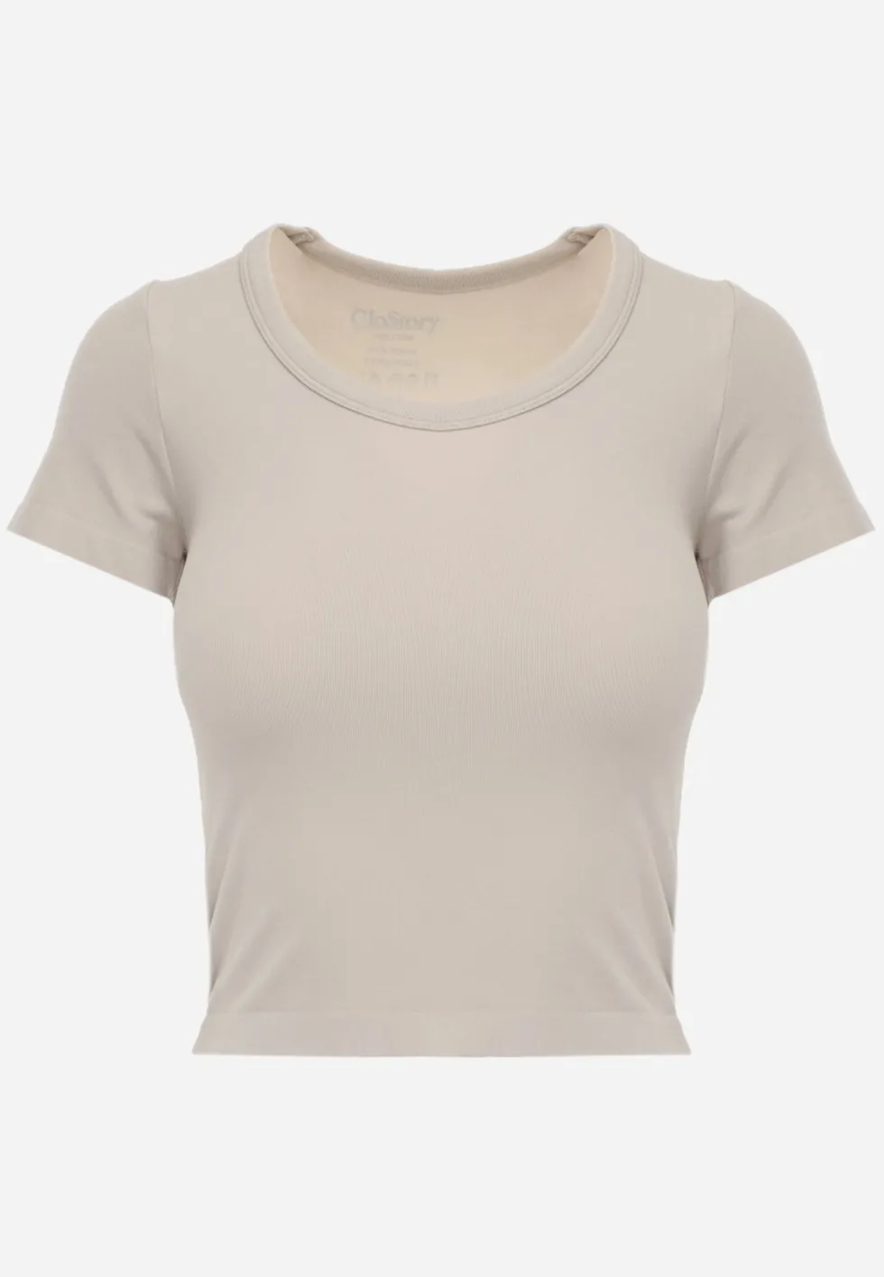 Beżowy Krótki T-shirt Basic z Okrągłym Dekoltem Gresalor