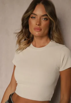 Beżowy Krótki T-shirt z Prążkowanej Tkaniny Teloma