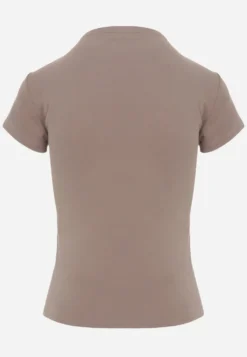 Beżowy Minimalistyczny T-shirt z Wiskozy ze Stójką Osessa